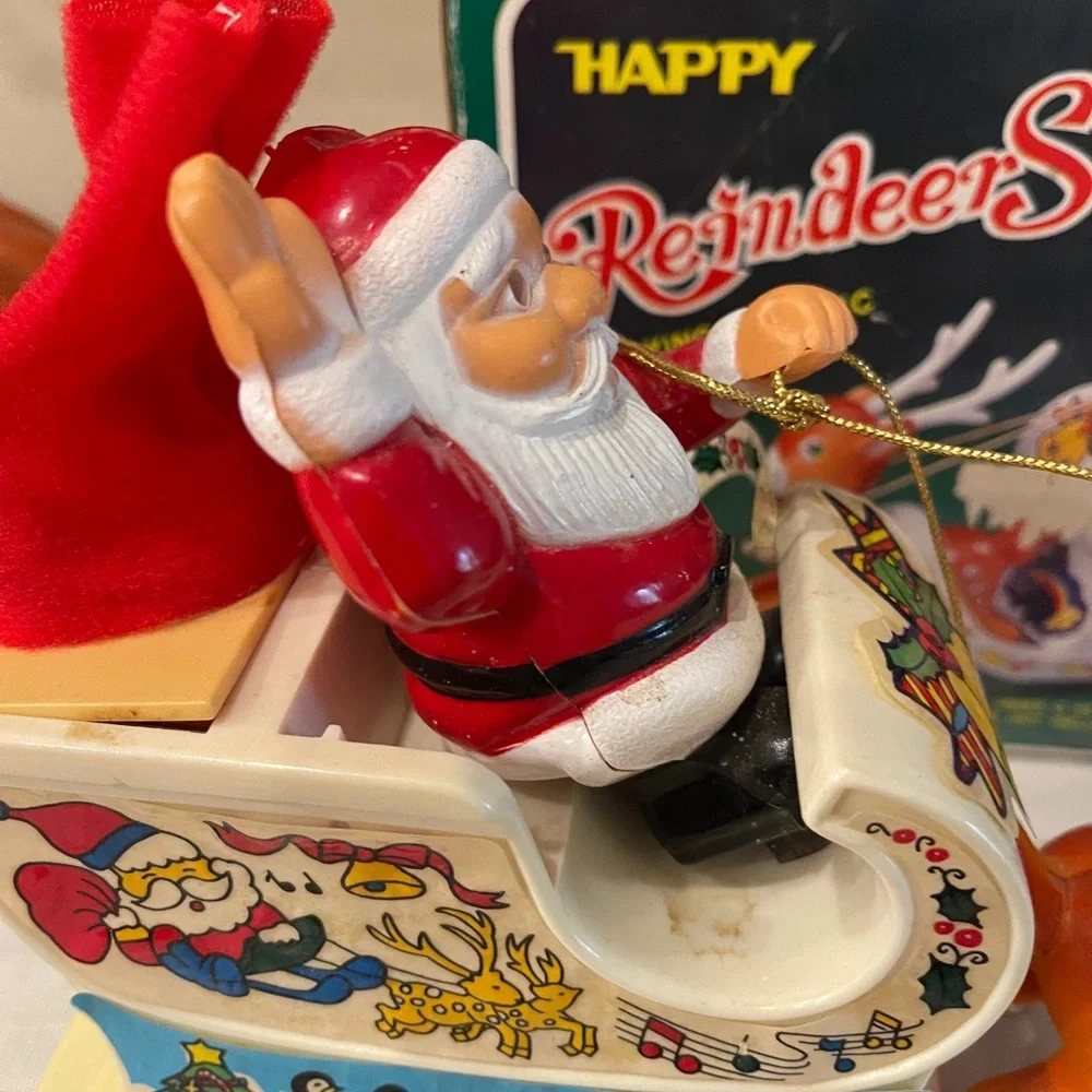 Vintage S.J.F. Happy Reindeer Sleigh Santa Christmas Musical Decoration